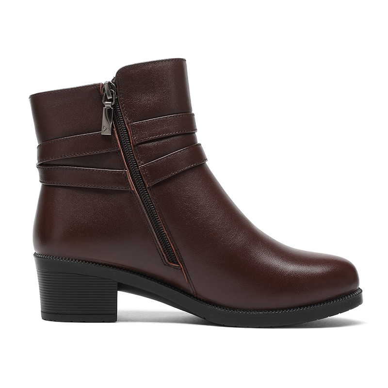 红蜻蜓短靴女冬款马丁靴女加绒保暖棉皮鞋英伦风粗跟舒适软皮防滑棉鞋