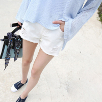 夏季孕妇裤 白色短裤 外穿时尚破洞 孕妇牛仔短裤夏装潮妈