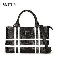 芭迪2014女包新品 时尚压纹牛皮手提包 黑白拼色单肩包 斜跨女
