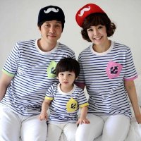 ONLYKISS新款韩版夏装短袖t恤一家三口时尚蓝白条纹亲子装家庭装