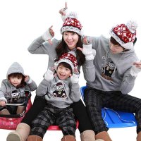 亲子装秋冬装韩国全家装韩版外套灰色卡通刺绣一家三口亲子卫衣