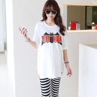 博娜映画 孕妇装夏 2014新款韩版条纹七分打底裤 字母孕妇上衣 孕妇套装夏 白色T恤送条纹打底裤
