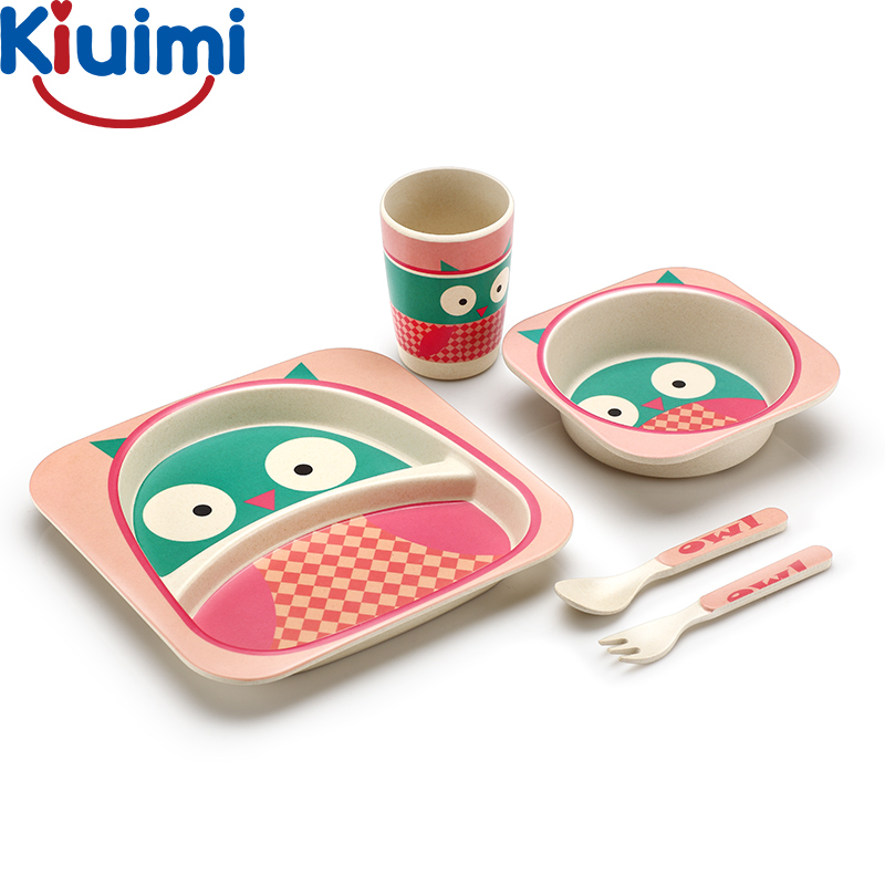 开优米竹纤维儿童餐具分格餐盘婴儿卡通饭碗宝宝碗勺叉子杯5件套粉色猫头鹰