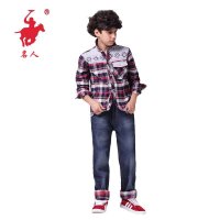 名人服饰童装男童冬装新款中大男童加绒加厚双层保暖弹力卷边牛仔长裤