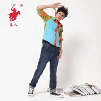 名人服饰童装男童秋冬装新款中大男童加厚直筒个性卷边牛仔长裤