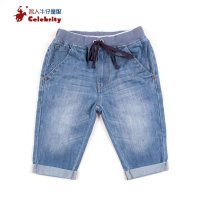 名人童装2015夏装新款儿童浅蓝色牛仔裤男童潮流牛仔卷边5分裤