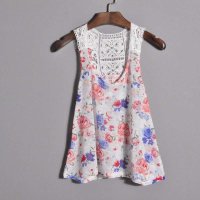 欧美风宽松休闲后蕾丝花朵背心T恤印花短款露脐装女士2014夏装新款女装