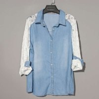 女装新款休闲时尚款蕾丝拼接镂空袖翻领珍珠扣长袖牛仔衬衫