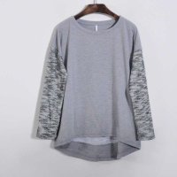 女装新款拼接袖前短后长款圆领长袖卫衣套头衫