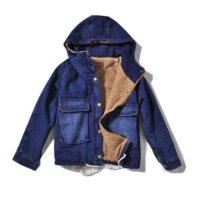 MISSJOJO 复古短款牛仔外套加绒加厚牛仔连帽棉服大口袋冬季外套