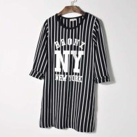 MISSJOJO 欧美风秋冬新款九分袖直筒竖条纹连衣裙短裙字母打底OP