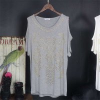 MISS JOJO2015春夏新款韩版亮色金属装饰露肩Ｔ恤宽松大大码女士T