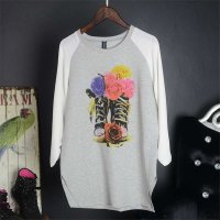 MISS JOJO2015春装新款韩版套头插肩袖雪纺拼接T恤印花宽松大码