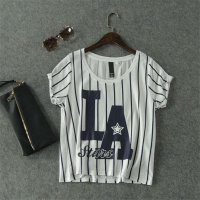 MissJOJO夏新款竖条纹字母套头宽松大码卷边短袖T恤上衣女上衣