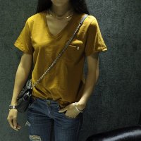 2016夏季新款女装v领短袖t恤女宽松韩版百搭口袋竹节棉纯色竹节棉t恤上衣