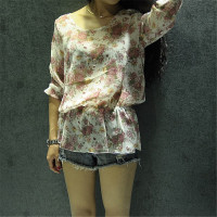 宽松大码上衣中长款2016春季新款复古碎花雪纺衫雪纺五分T恤