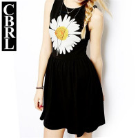 2016春夏新款复古大花朵印花连衣裙圆领无袖公主裙