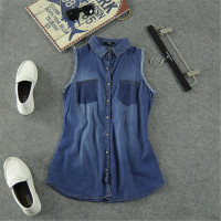 薄款牛仔无袖开衫水洗牛仔衬衫女外贸原单大码显瘦无袖衬衣