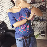 宽松大码T恤打底衫t恤女短袖女装新款外贸原单彩绘花朵