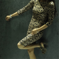 春秋新款外贸原单晚礼裙裙中裙九分袖女装高端亮片连衣裙春秋