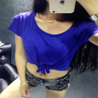 上衣2016欧洲站最新款女装欧美罩衫t恤短款打底衫短款系带