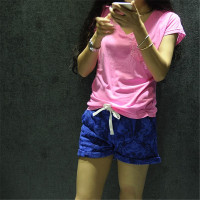 2016新品欧美女装休闲裤家居裤风涂鸦撞色毛圈短裤外贸