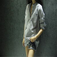 韩范夏季上衣格子黑白百搭女学生宽松外套衬衣学院风长袖棉麻衬衫