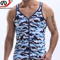湛蓝内衣 男士背心莫代尔紧身打底背心带铜扣时尚迷彩 WJ网将7102
