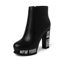 女靴马丁靴高跟短筒防水台粗跟真皮秋冬款气质欧美圆头马丁女靴