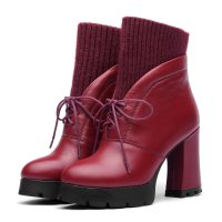 女靴马丁靴高跟短筒踝靴圆头防水台真皮粗跟系带欧美马丁靴