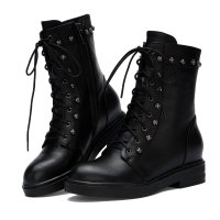 女靴马丁靴短筒平跟踝靴舒适防水台铆钉圆头头层牛皮纯色女鞋