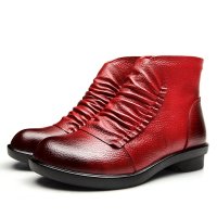 女靴马丁靴真皮短筒平跟平底舒适圆头褶皱纯色秋冬复古