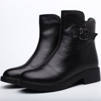 女靴马丁靴圆头方跟平底舒适真皮秋季单鞋短筒纯色踝靴