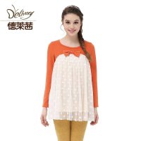 德莱茜孕妇装 秋冬款时尚韩版孕妇T恤 长袖拼蕾丝孕妇上衣