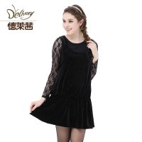 德莱茜 秋冬款韩版孕妇连衣裙 孕妇装秋装长袖拼丝绒裙子