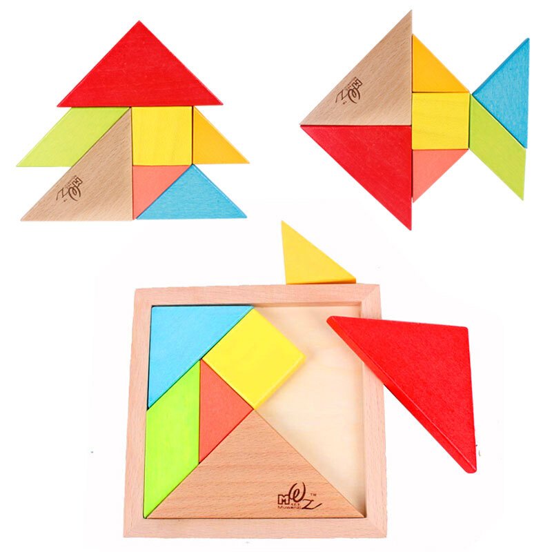儿童益智积木玩具大号榉木积木形状认知拼图拼拼乐七巧板