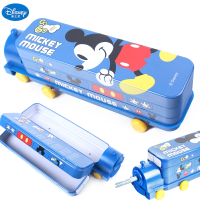 迪士尼火车头带削笔刀双层铁笔盒小学生文具盒轮子滑动米奇铅笔盒