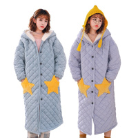 爱心鼠(Aixinshu) 冬季法兰绒夹棉三层加厚连帽长袖女士浴袍宽松纯色睡袍冬天女生保暖睡衣8485