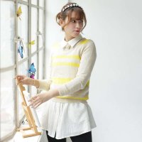 A23970莉家 秋装新品 不规则条纹马海毛圆领针织衫