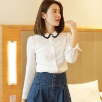 A24426莉家 秋装新品 撞色领边小翻领长袖棉麻衬衫（送领花）