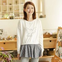 A24453莉家 秋装新品 小宽松飞鸟贴布绣拼接格纹荷叶摆上衣