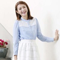 A24435莉家 秋装新品 清新蕾丝拼接小立领雪纺衬衫