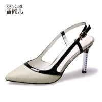 香阁儿 2014夏季新款真皮 质感皮花网简约包头高跟细跟凉鞋女