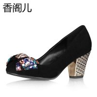 香阁儿 高端定制 新款 柔软羊皮真皮水钻蝴蝶结粗跟鞋女鞋单鞋