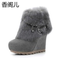 香阁儿 牛皮兔毛坡跟及踝靴防水台短靴女靴子裸靴高跟毛靴895