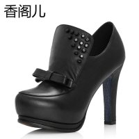 香阁儿2014春款全牛皮女鞋高跟鞋防水台粗跟蝴蝶结深口单鞋D9018