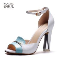 香阁儿 2014夏季新款 时尚拼色羊皮水晶粗跟女鞋鱼嘴真皮高跟凉鞋