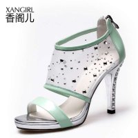 香阁儿 2014夏季新款 真皮时尚网纱捷克钻金属高跟露趾凉鞋女