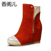 香阁儿 羊皮优雅防水台高跟女鞋子 侧拉链内增高短靴坡跟女靴子