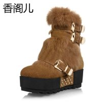 香阁儿 2013秋冬新款 铆钉兔毛皮带扣反绒牛皮厚底潮短靴